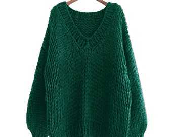 Handgestrickter Baumwollpullover Oversize Pullover DamenPullover V-Ausschnitt slouchy Pullover