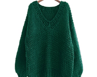 Hand Knit Cotton Blend Oversized V-Neck Slouchy Sweater