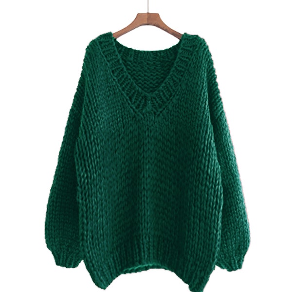 Tricot à la main COTON pull oversize pull femme pull col V pull affaissé