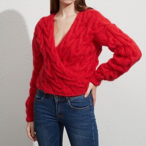 Hand knit oversize woman sweater Cross front knit pullover mohair red sweater image 3