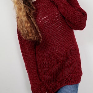 Hand Knit Woman Cotton Sweater Long Pullover Sweater Wine - Etsy