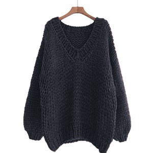 Hand knit WOOL sweater oversize woman sweater V-neck slouchy Black pullover sweater
