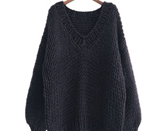 Hand knit WOOL sweater oversize woman sweater V-neck slouchy Black pullover sweater