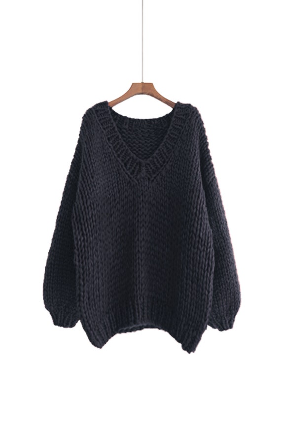 Hand Knit WOOL Sweater Oversize Woman Sweater V-neck Slouchy Black