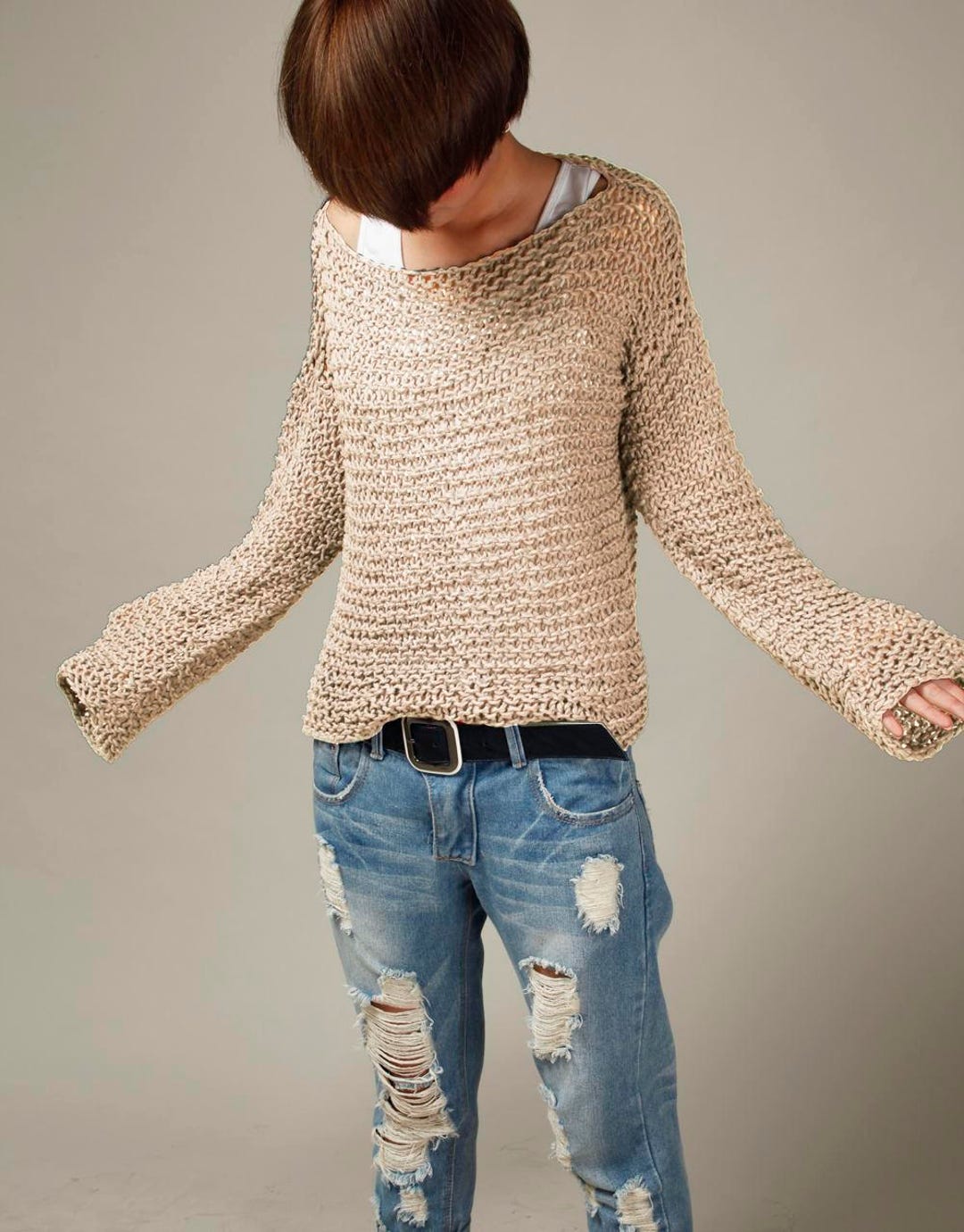 Simple is the Best Hand Knit Sweater Eco Cotton Oversized Light Wheat ...