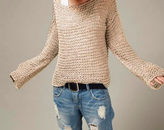 Simple is the best - Hand knit sweater Eco cotton oversized light wheat/ oat pullover sweater