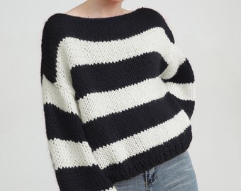 Hand knit woman sweater mohair Jumper knit striped sweater top pullover Black White