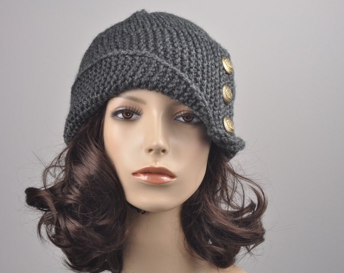 Hand knit hat woman winter hat Fold band hat Charcoal button wool hat