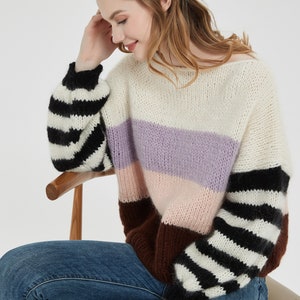 Hand knit woman sweater mohair Jumper knit sweater  color stripe top pullover
