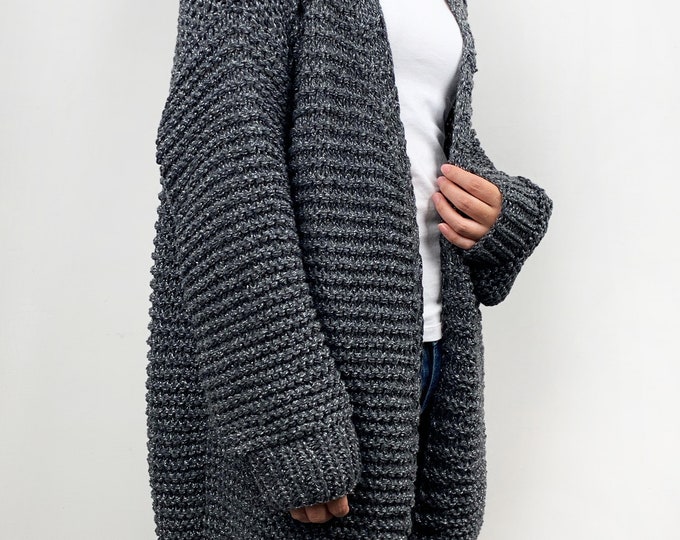 Hand knit oversize woman sweater chunky slouchy wheat wool cardigan