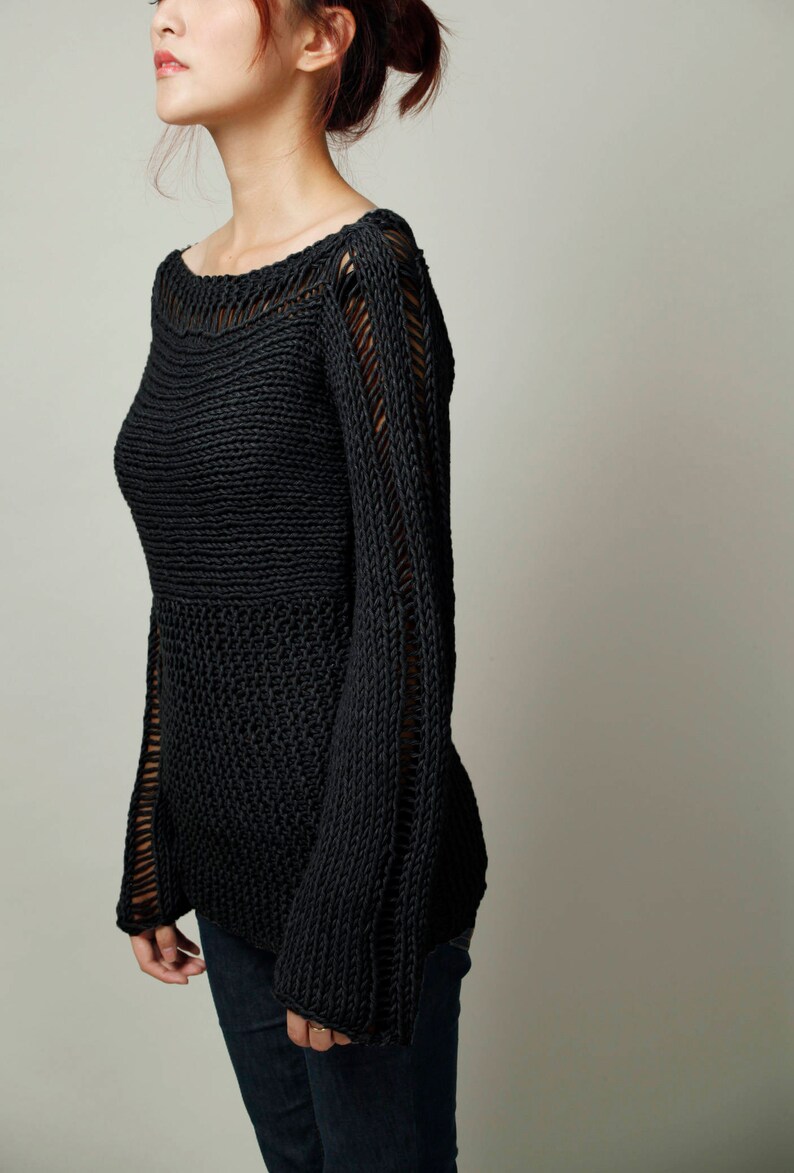 Hand Knit Woman Sweater Eco Cotton Oversized Black Sweater - Etsy