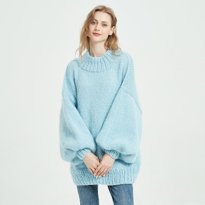 Hand knit woman long sweater OVERSIZED mohair dress sweater top Hight collar pullover Peacock blue