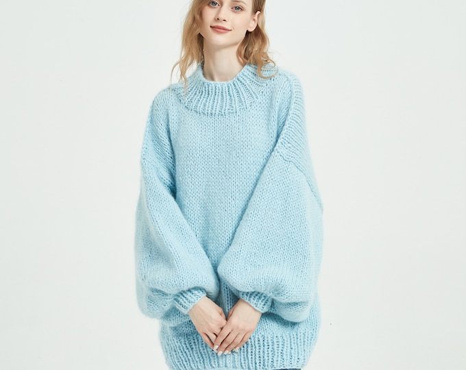 Hand knit woman long sweater OVERSIZED mohair dress sweater top Hight collar pullover Peacock blue