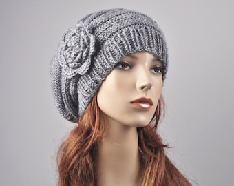 Hand Knit Hat - Oversized  Beret Hat with crochet flower light grey hat