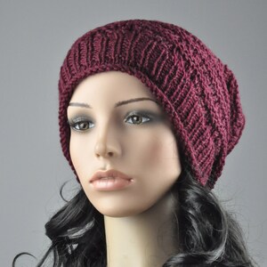 Burgundy Chunky Hat weaving pattern slouchy hat wool hat image 2