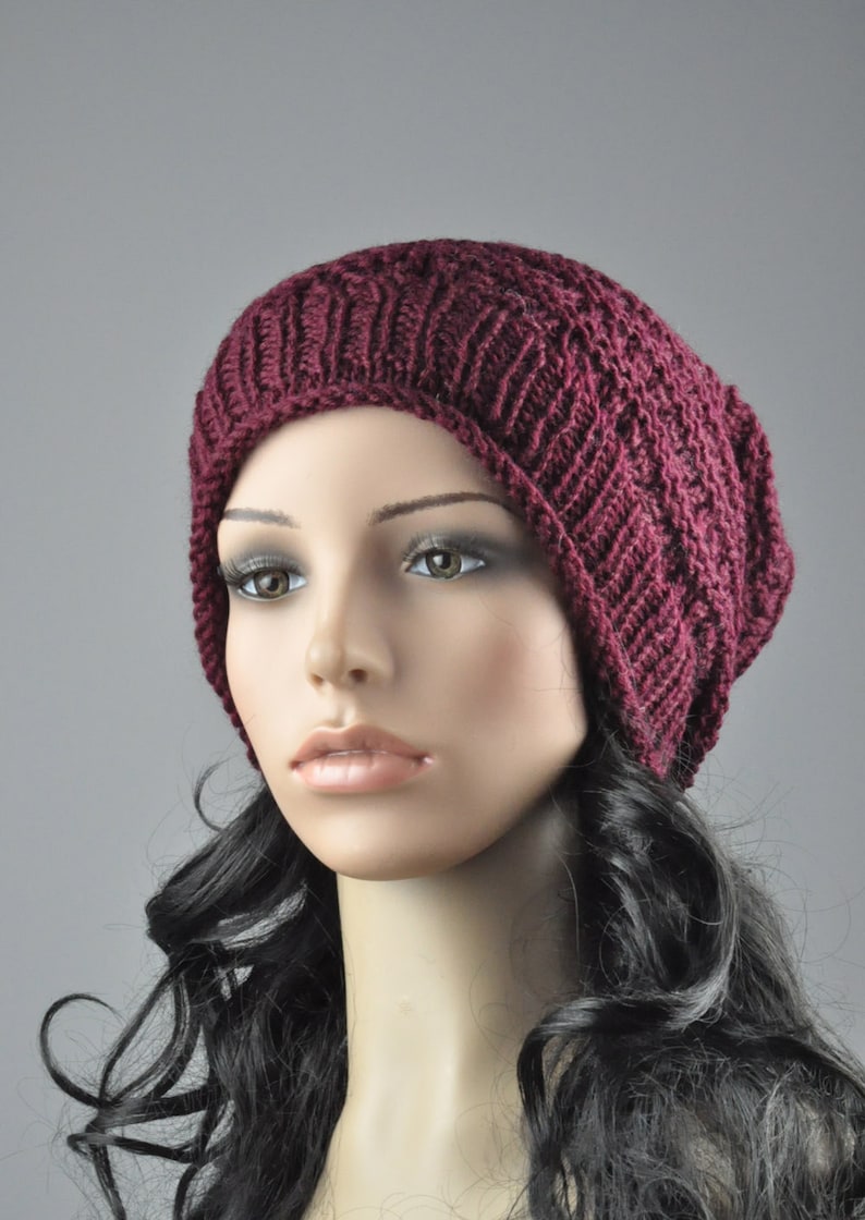 Burgundy Chunky Hat weaving pattern slouchy hat wool hat image 2