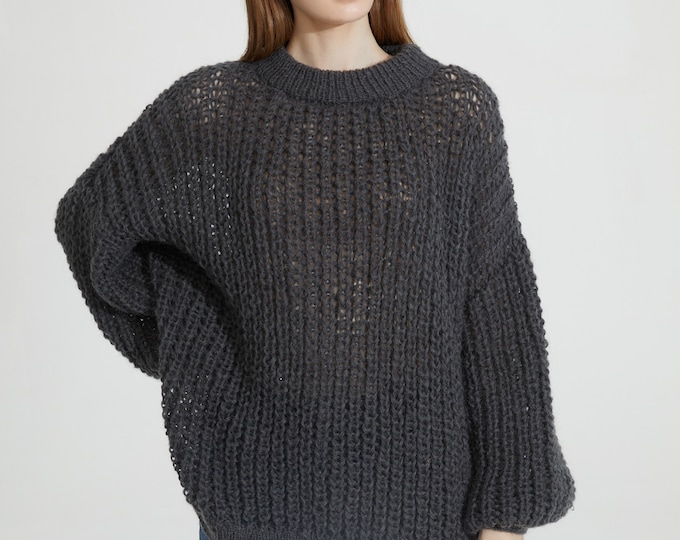 Hand knit woman long sweater OVERSIZED mohair sweater top pullover charcoal