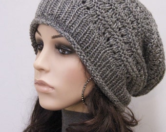 Hand Knit hat woman hat winter hat Charcoal Wool Hat dark grey hat