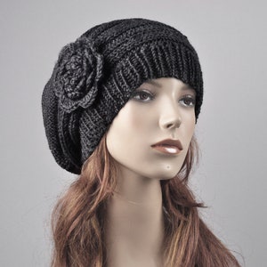 Hand Knit woman winter wool Hat Oversized Beret Hat with crochet flower Charcoal/ dark grey Black