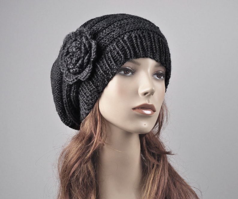 Hand Knit woman winter wool Hat Oversized Beret Hat with crochet flower Charcoal/ dark grey Black