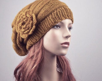 Hand Knit Wool Beret: Oversized Charcoal Crochet Flower Hat - Etsy