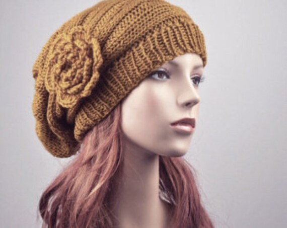 Hand Knit Wool Beret: Oversized Charcoal Crochet Flower Hat - Etsy
