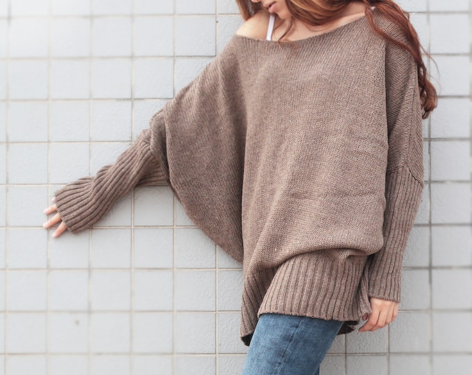 OVERSIZED Woman sweater/ Knit sweater kimono sleeve pullover wool sweater almond