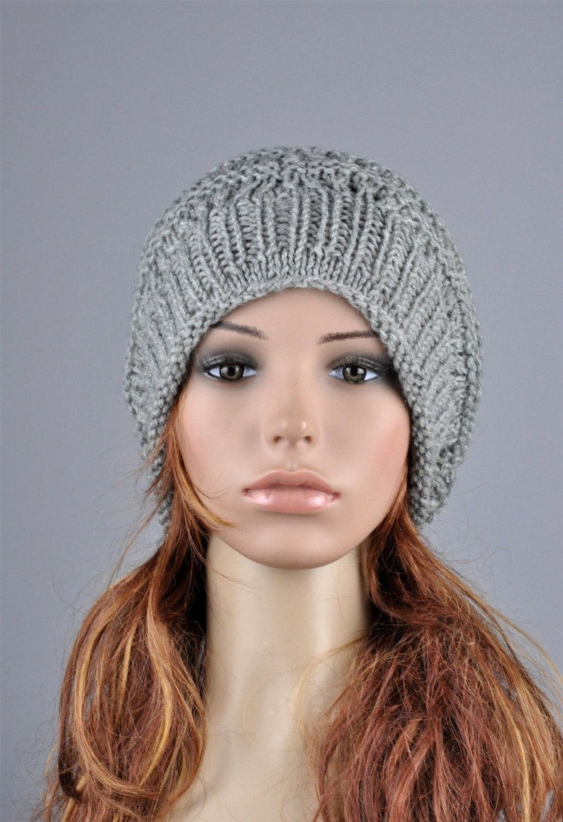 Hand knit hat woman winter hat Grey Chunky slouchy Hat ready Etsy