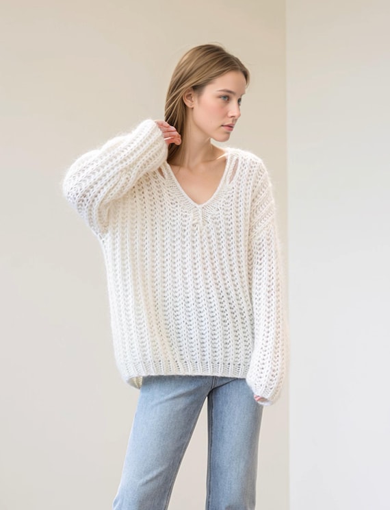 Hand Knit Oversize Woman Sweater V-neck Slouchy Mohair Pullover