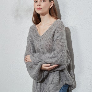 Hand knit oversize woman sweater crewneck slouchy mohair pullover cable knit sweater image 3