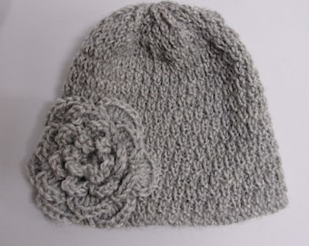 Hand Knit Beanie Wool Hat With Crochet Flower in Grey - Etsy