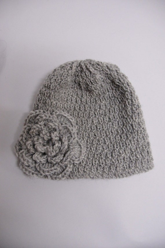 Hand Knit Beanie Wool Hat With Crochet Flower in Grey - Etsy