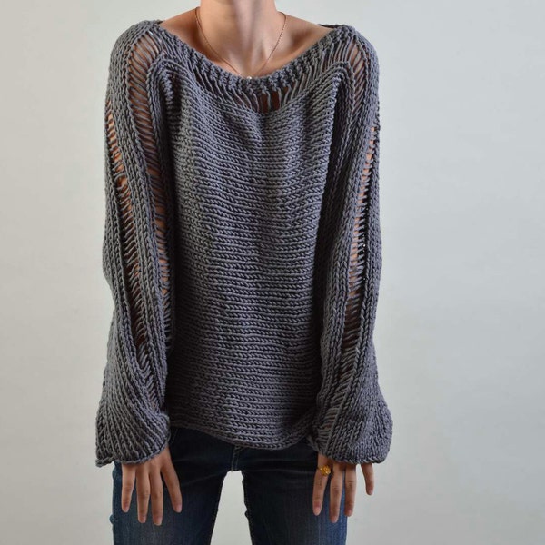 Hand Knit Woman Sweater Eco Cotton charcoal sweater Dark Grey