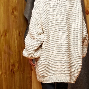 Hand knit oversize woman sweater Crew neck slouchy wool White Cream sweater
