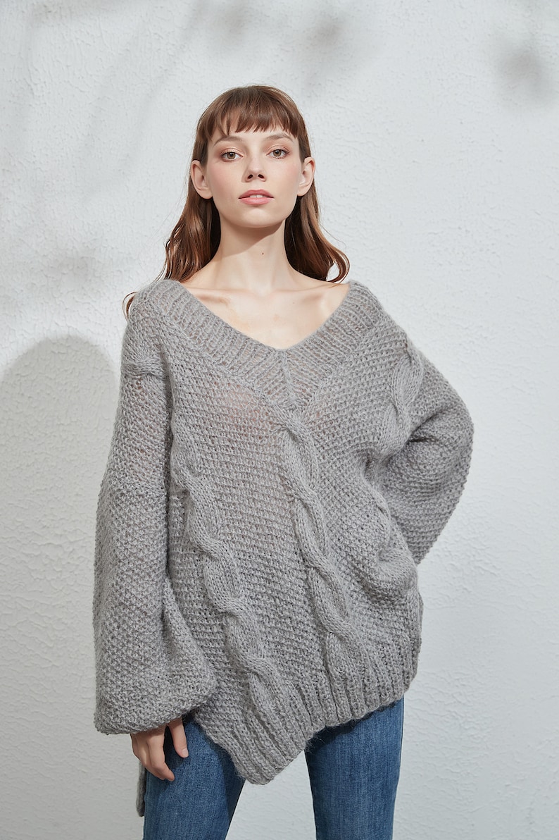 Hand knit oversize woman sweater crewneck slouchy mohair pullover cable knit sweater image 2