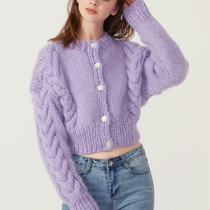 Hand knit woman sweater Mohair cable knit short cropped cardigan button front cardigan Lilac