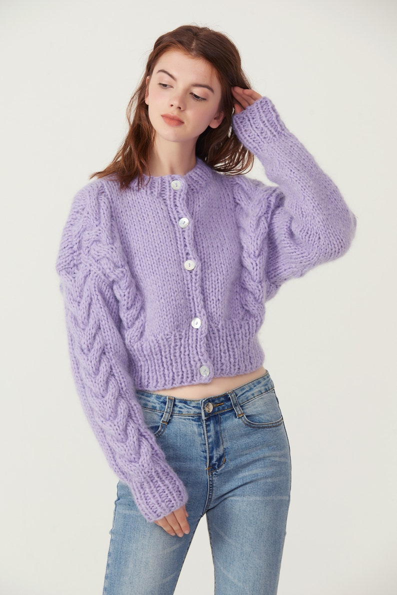 Hand knit woman sweater Mohair cable knit short cropped cardigan button front cardigan Lilac