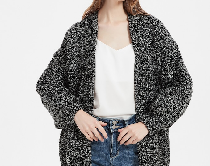 Hand knit oversize woman sweater chunky slouchy black white wool cardigan