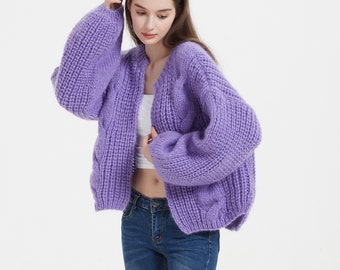 Hand knit woman sweater Mohair wool cable knit cardigan