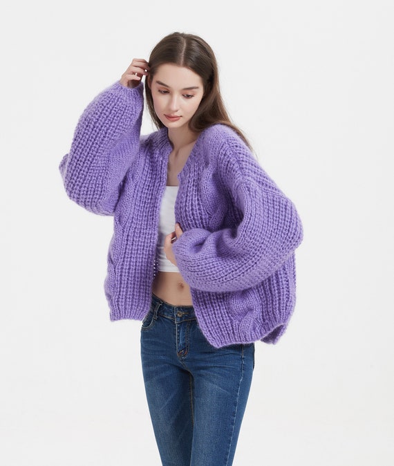 Hand Knit Woman Sweater Mohair Wool Cable Knit Cardigan - Etsy