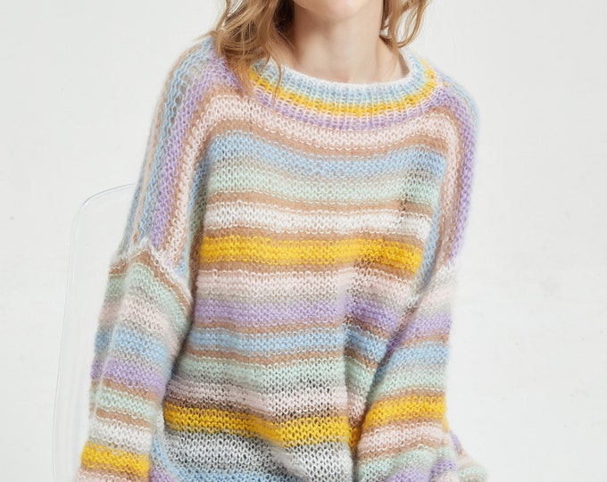 Hand knit woman long sweater OVERSIZED mohair stripped dress sweater top pullover