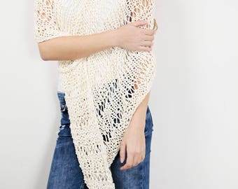 Hand knit little cotton poncho knit scarf knit shrug white cream woman sweater