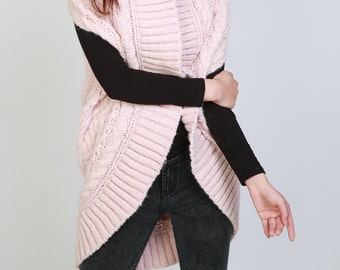 Hand knit long vest sweater Wool Pink woman sweater