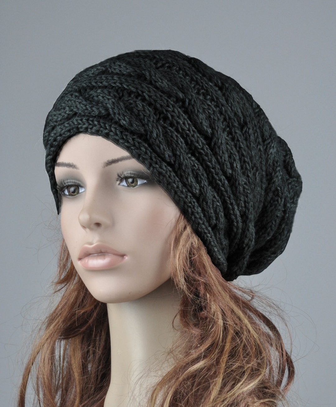 Hand Knit Hat Wool Woman Winter Hat Black Cable Slouchy Ha Etsy