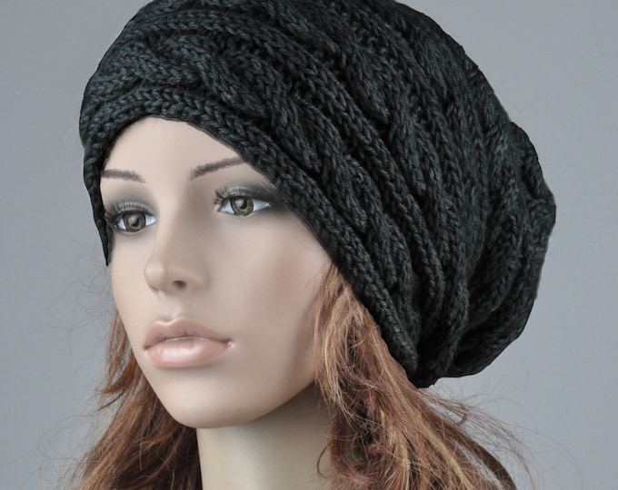 Hand knit hat wool woman winter hat Black cable slouchy ha
