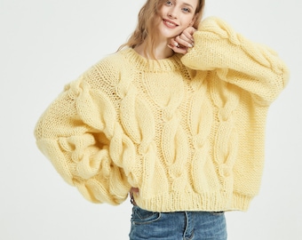 Hand knit pullover woman long sweater boat neck light weight mohair loose knit pullover cable knit sweater