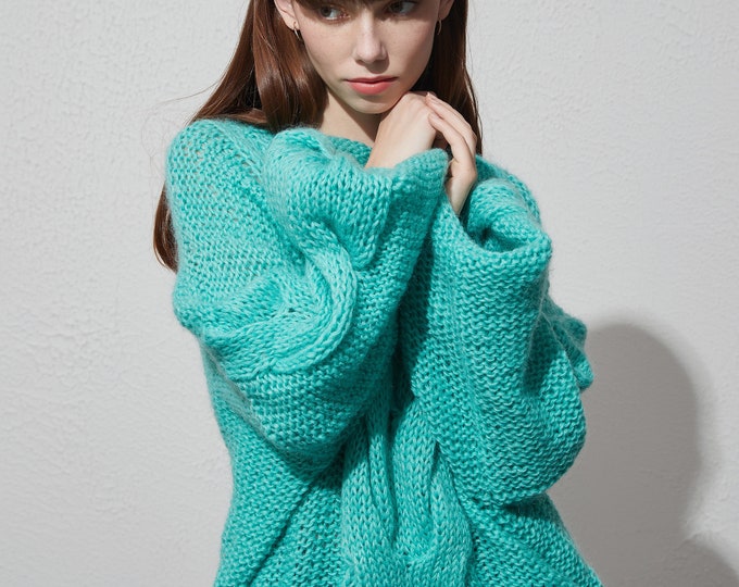 Hand knit oversize woman sweater crewneck slouchy mohair pullover cable knit sweater