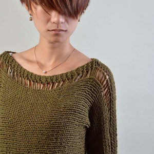 Hand Knit Woman Sweater Eco Cotton sweater in olive green image 3