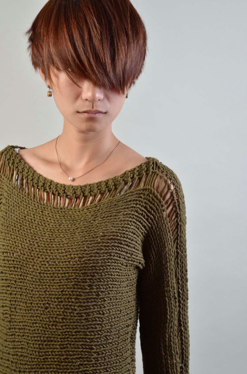 Hand Knit Woman Sweater Eco Cotton sweater in olive green image 3