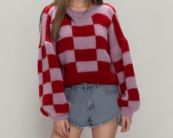 Hand Knit Mohair Sweater: Striped Color Block Jumper